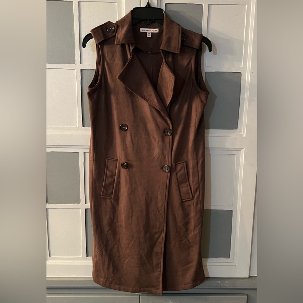 Sincerely Jules Faux Suede Brown Sleeveless Double-Breasted Dress